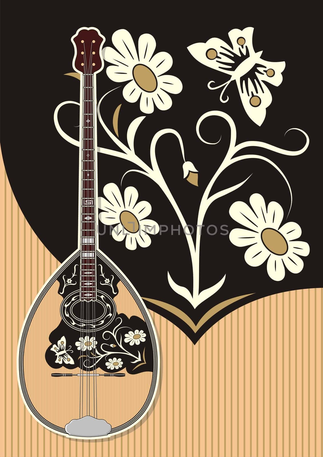 Bouzouki (Greek music string instrument) having three pairs of strings (Trichordo).  The vector version is a fully editable EPS 8 file, compressed in a zip file. No gradients or transparencies. Can be scaled to any size without loss of quality.
