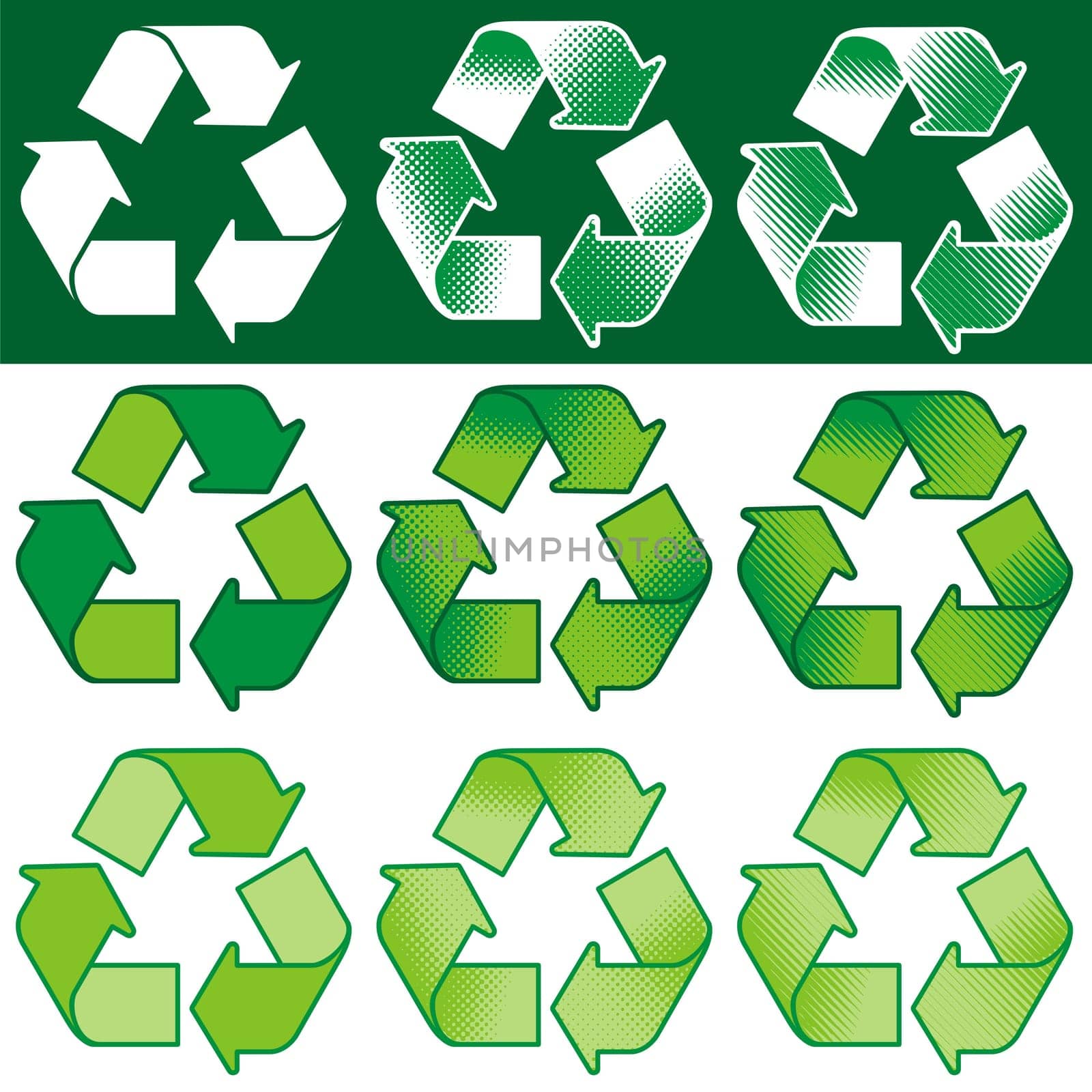 Recycling symbol with assorted coloring and shading options.  The vector version is a fully editable EPS 8 file, compressed in a zip file. No gradients or transparencies. Can be scaled to any size without loss of quality.