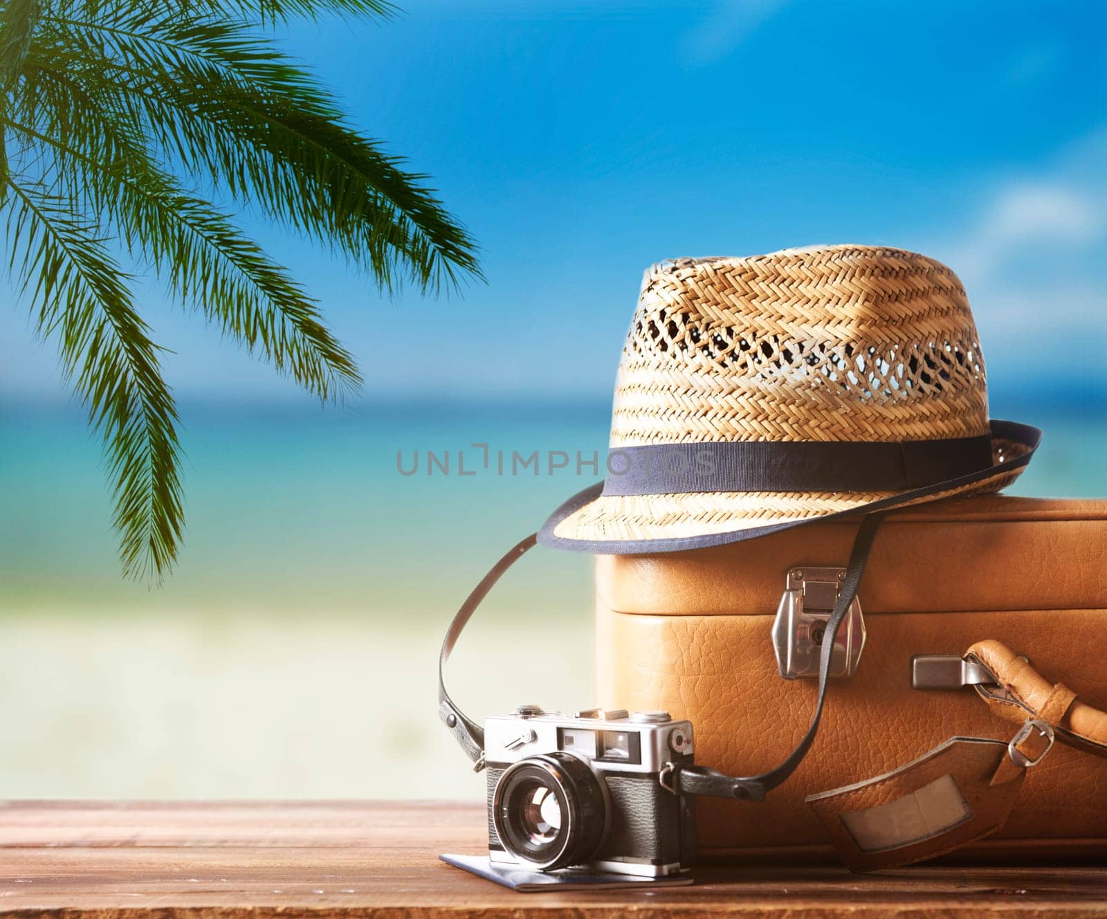 Vintage suitcase, hipster hat, photo camera and passport on wooden dack. Tropical sea, beach and palm three in background. Summer holiday traveling design concept.