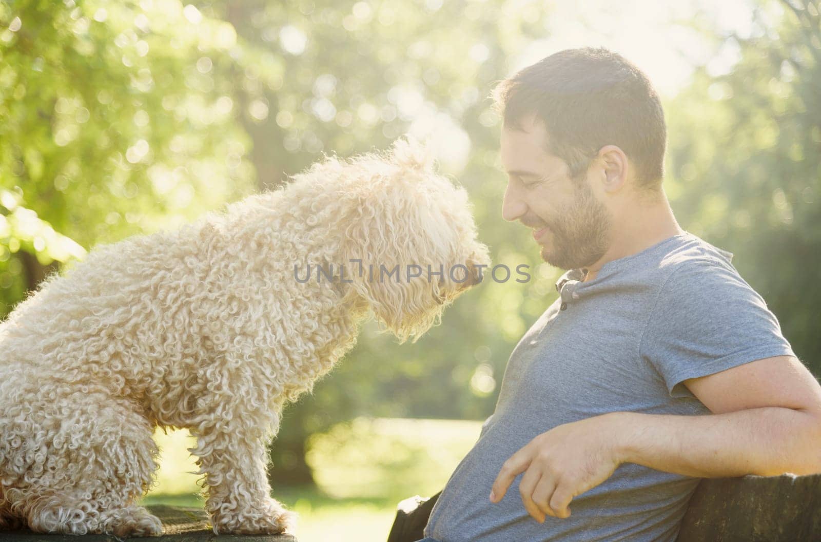Man with his dog playing outdoor in the park. Young owner having fun with his pet in nature.