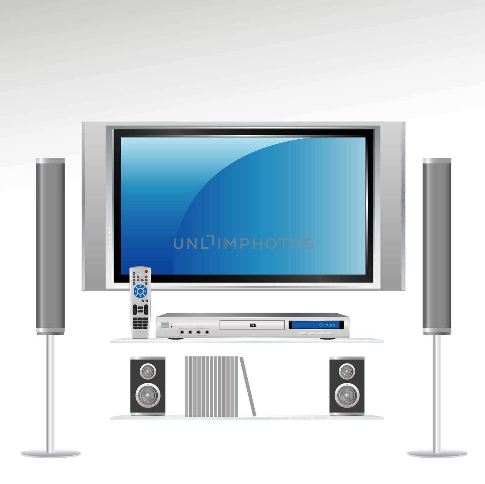 Home Theater Components: Television, DVS Player, Remote Control and Speakers. All components on separate layer--grouped so you can use them independently.