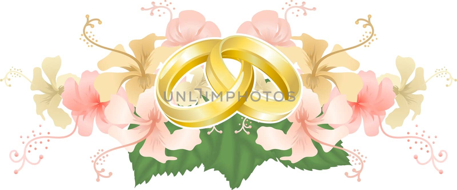 Wedding motif featuring intertwined wedding bands or rings and beautiful hibiscus flowers