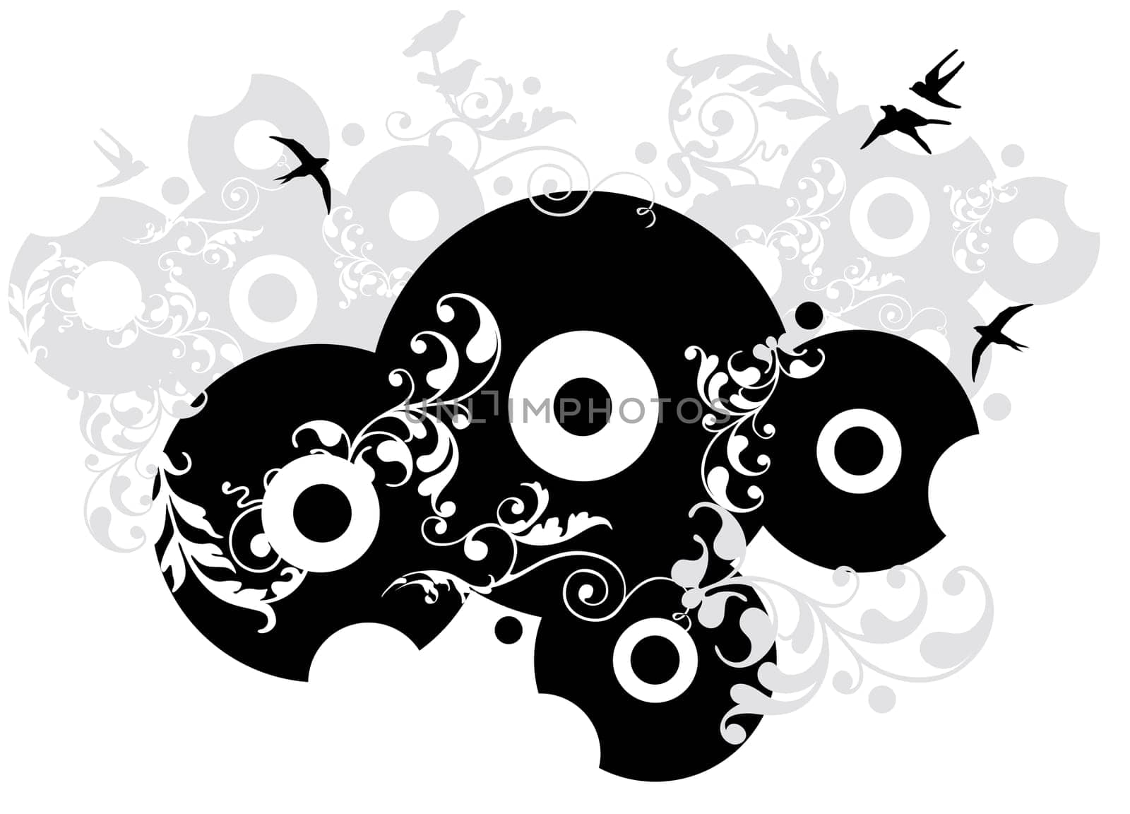abstract ornamental design with birds and circles
