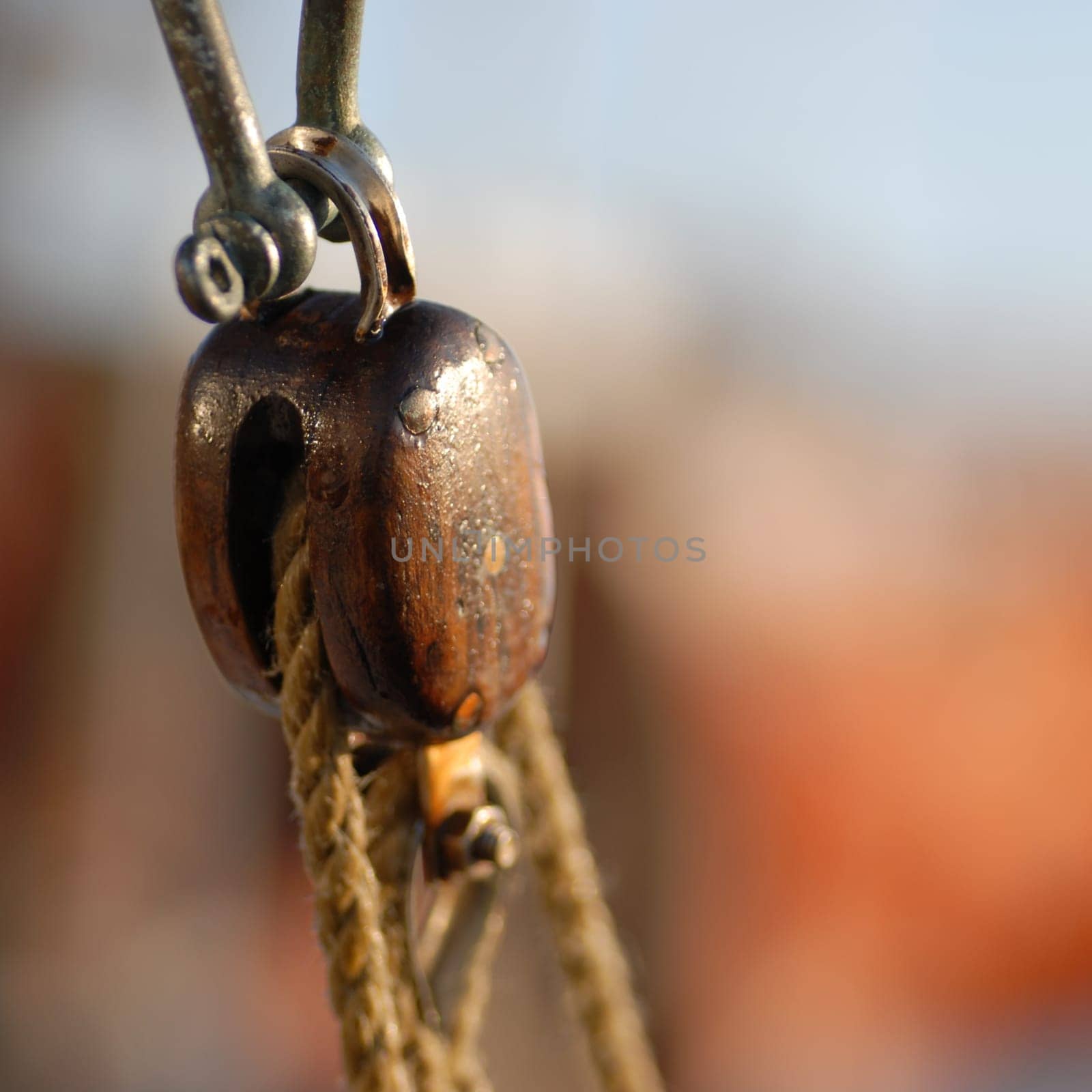 wood pulley on a sailing ship