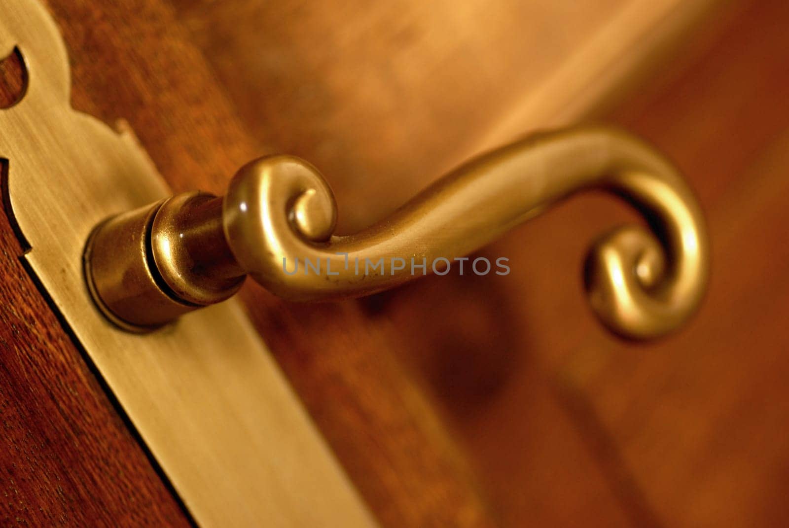 Gold handle and wooden door close up