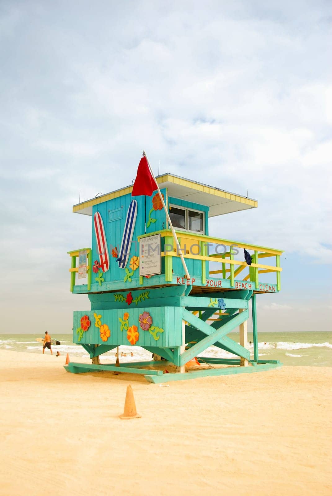Brightly colored green lifeguard station on Miami Beach