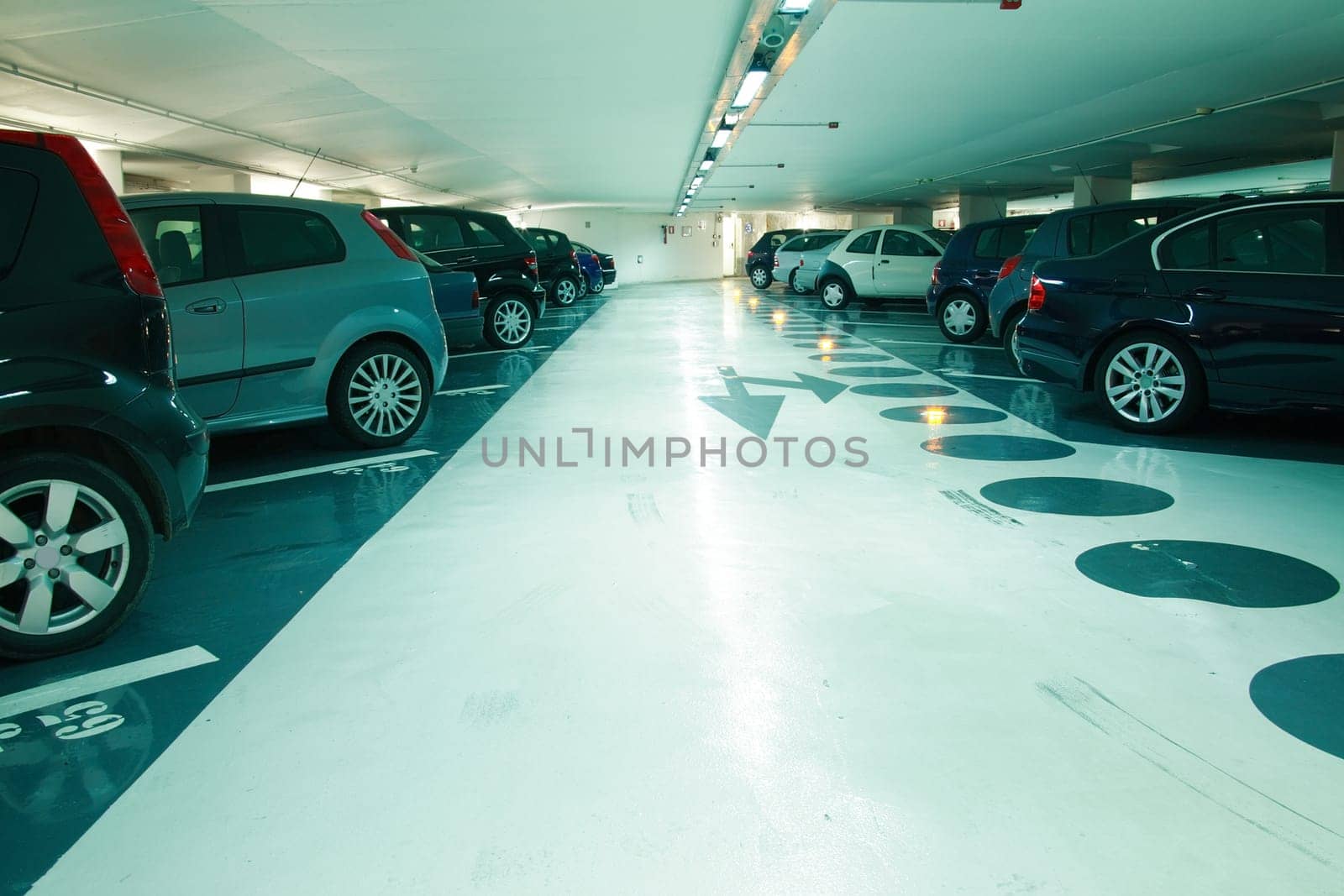 Parking in the parking garage in cyan tone
