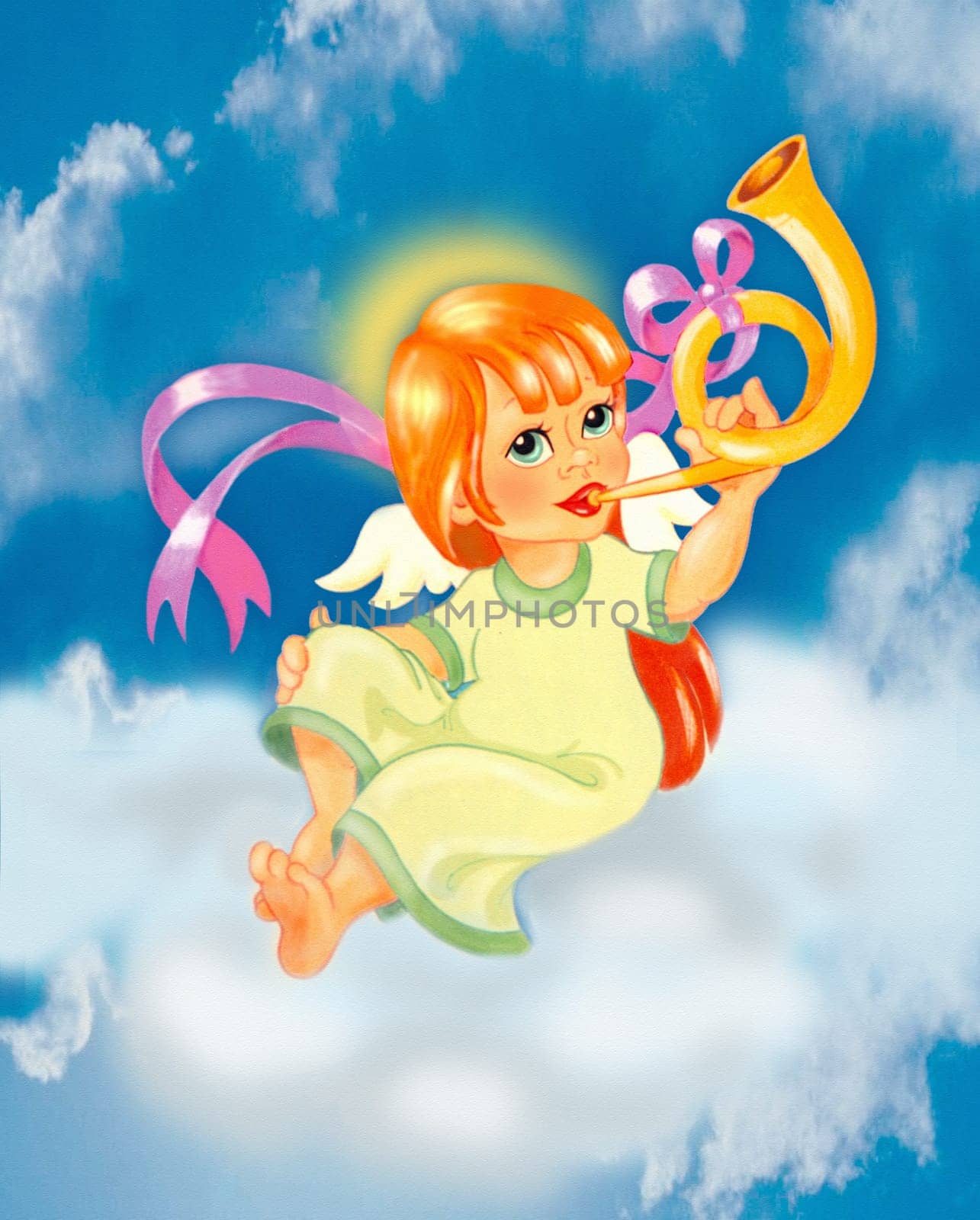 little girl angel sitting on clouds and singing on trumpet