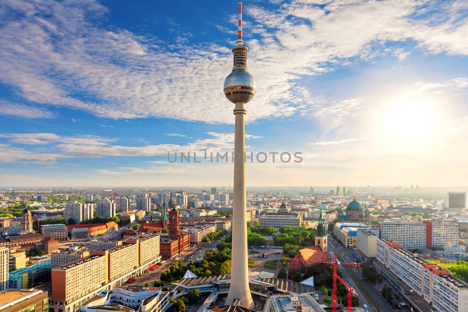 Beautiful aerial sunny panorama of Berlin at sunset, Germany.