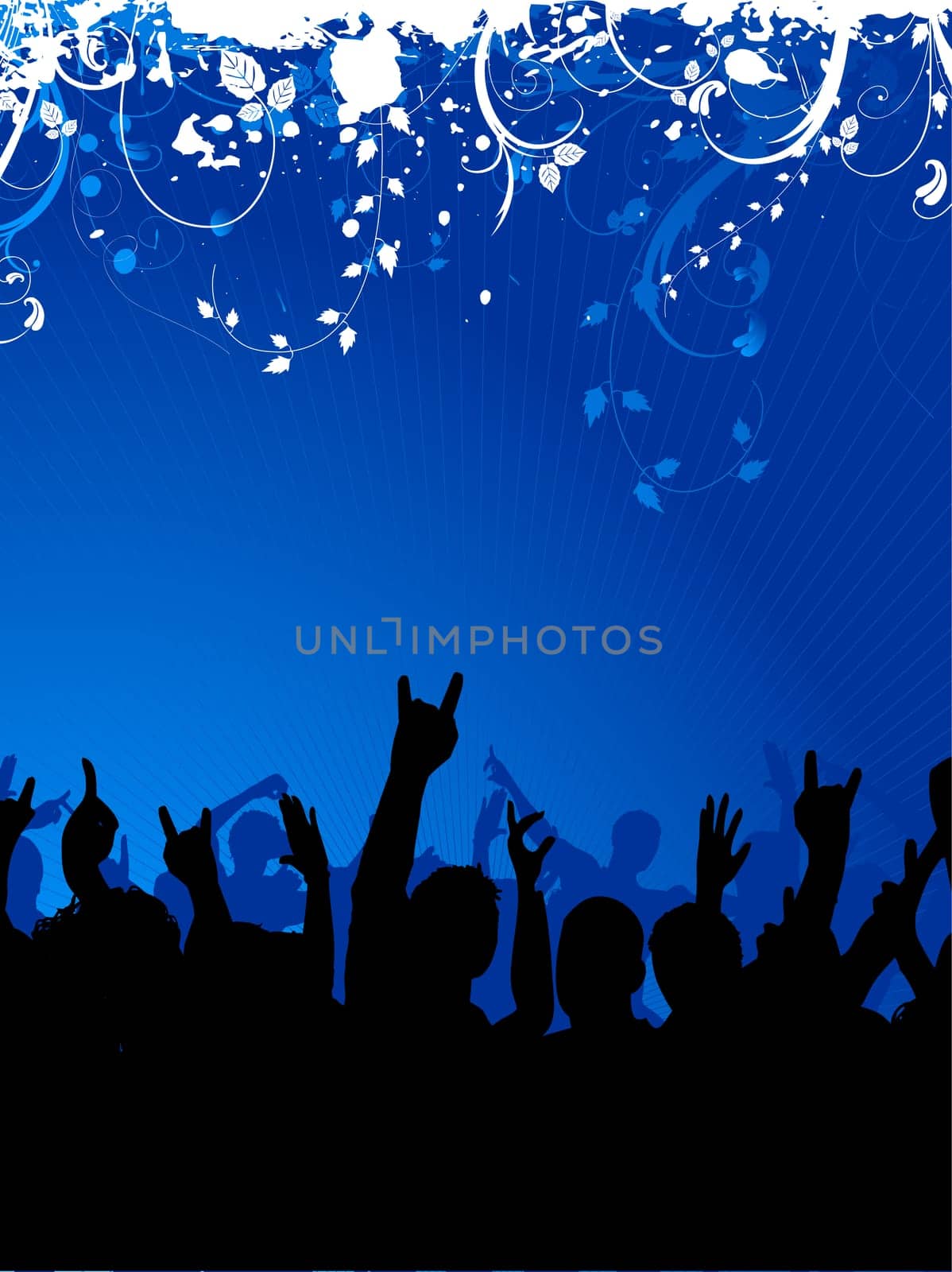 Silhouette of an excited audience on floral grunge background