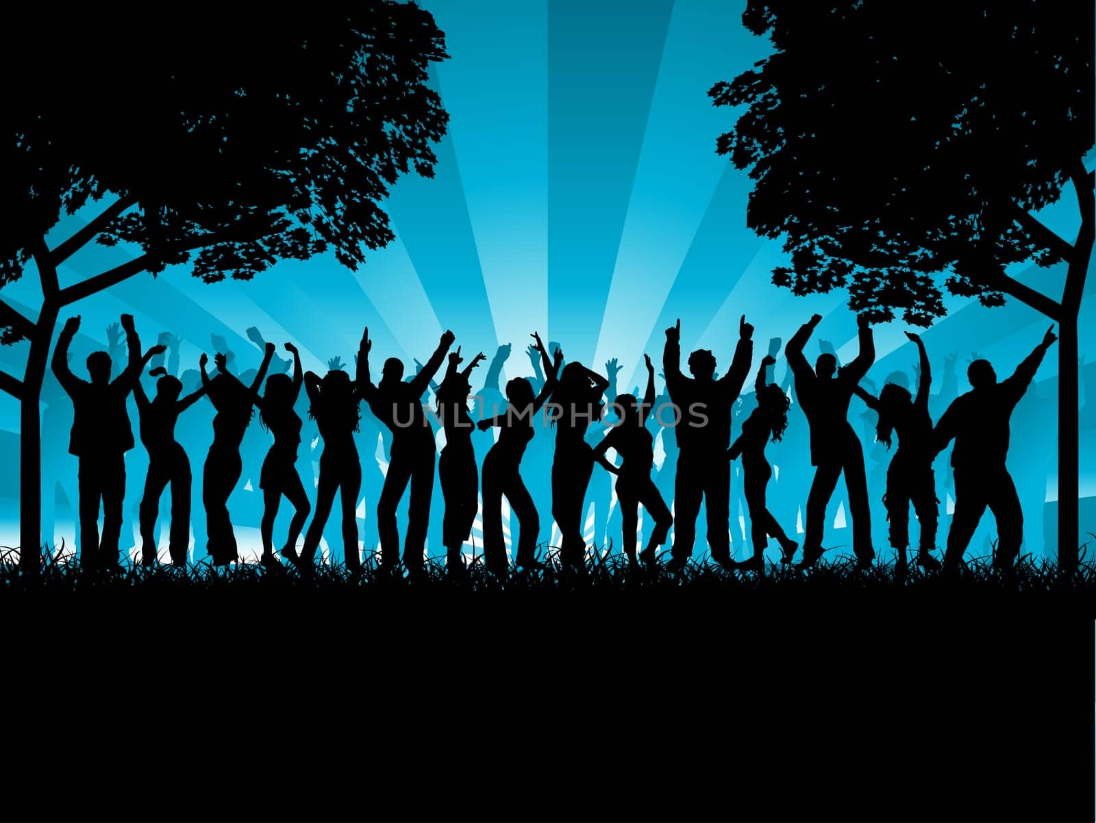 Silhouettes of lots of people dancing outdoors