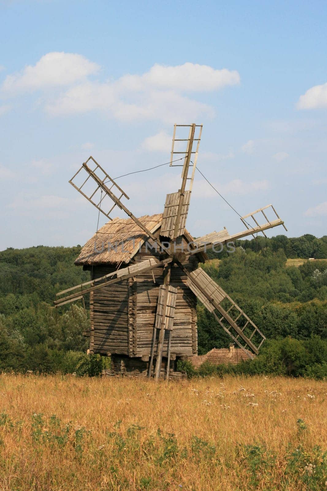 Old wooden windmill with field and forest on the background