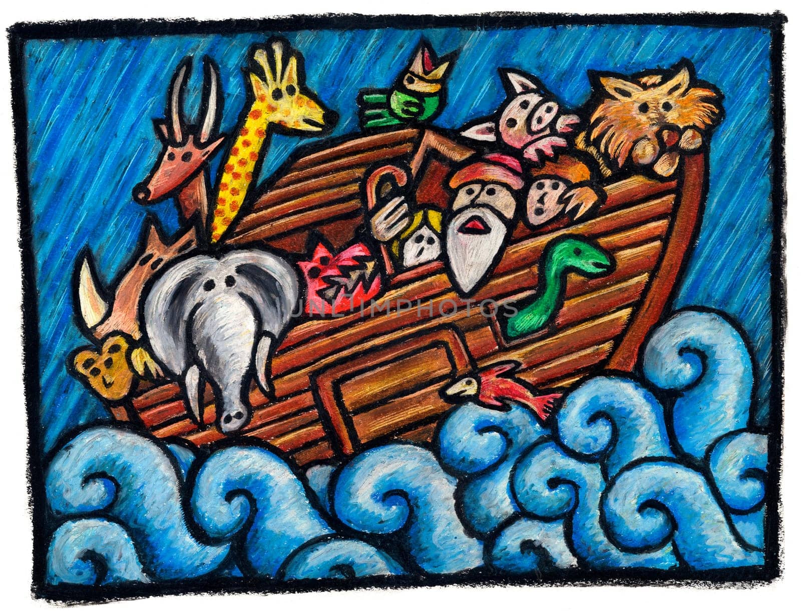 A  Noah's Ark Illustration: Some Noah's Animals are waiting for the end of the Rain   Technique: oil pastels on paper.