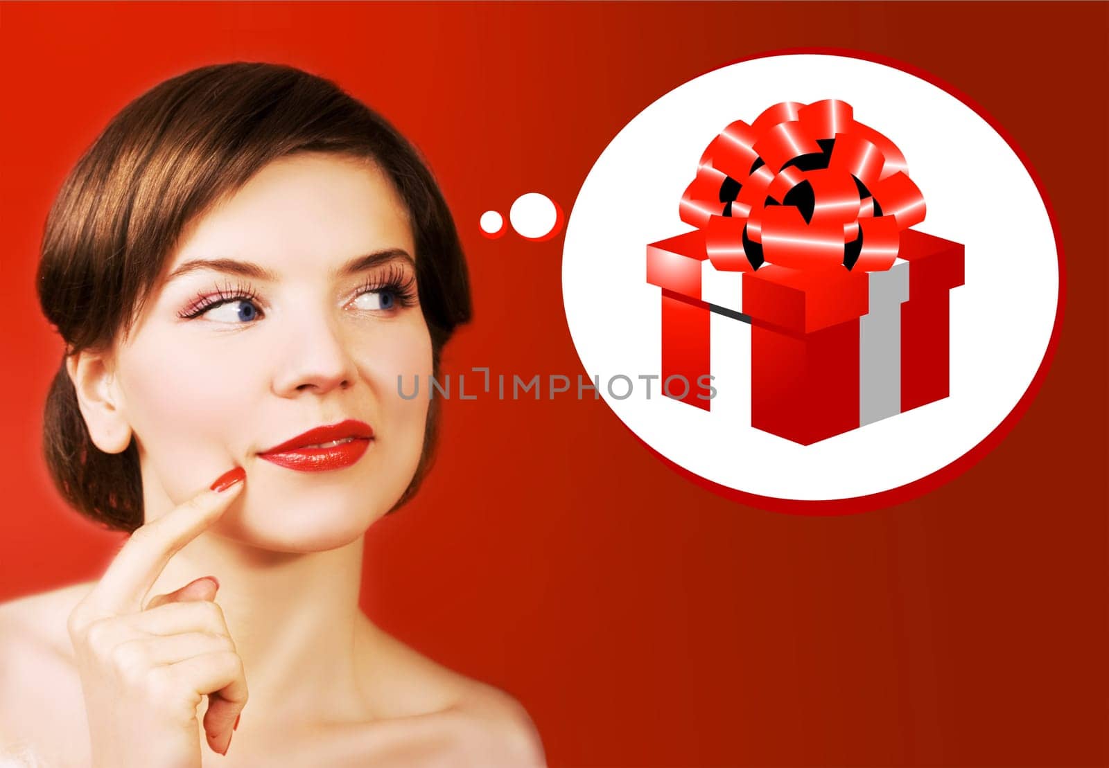 a dreaming christmas girl over the red background
