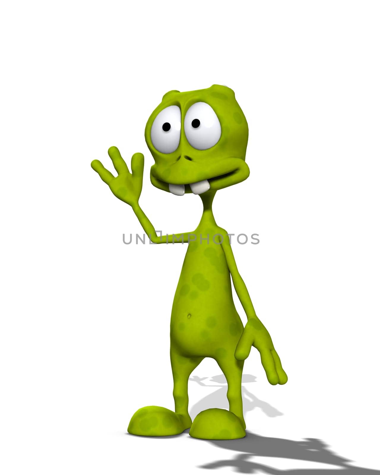An image of a very friendly waving alien.