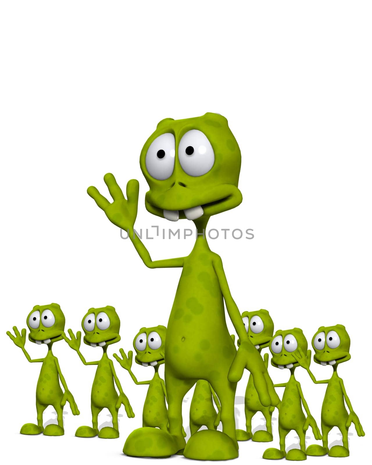 An image of lots of little waving cloned aliens.