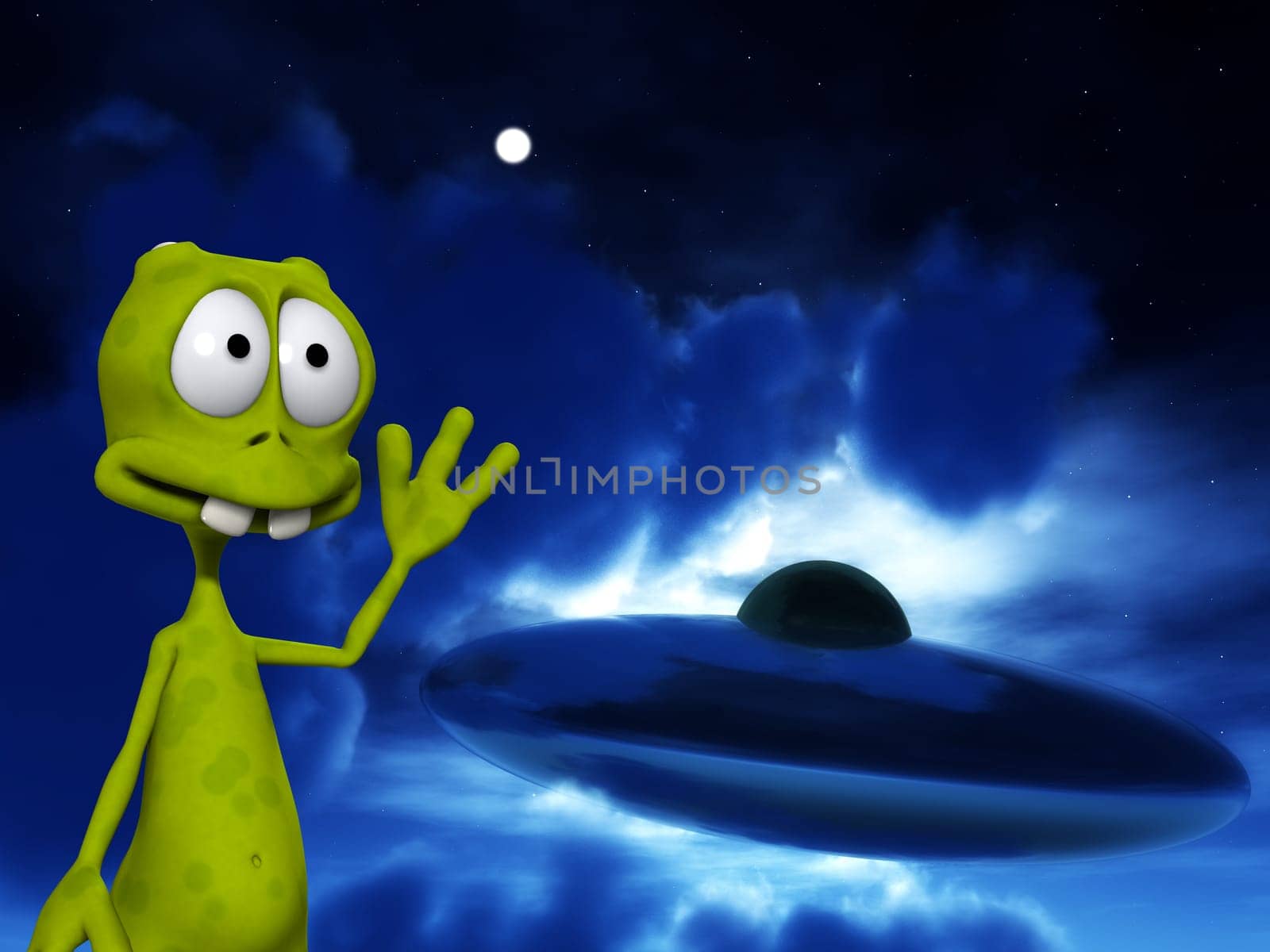 An image of a cartoon alien waving at a UFO.