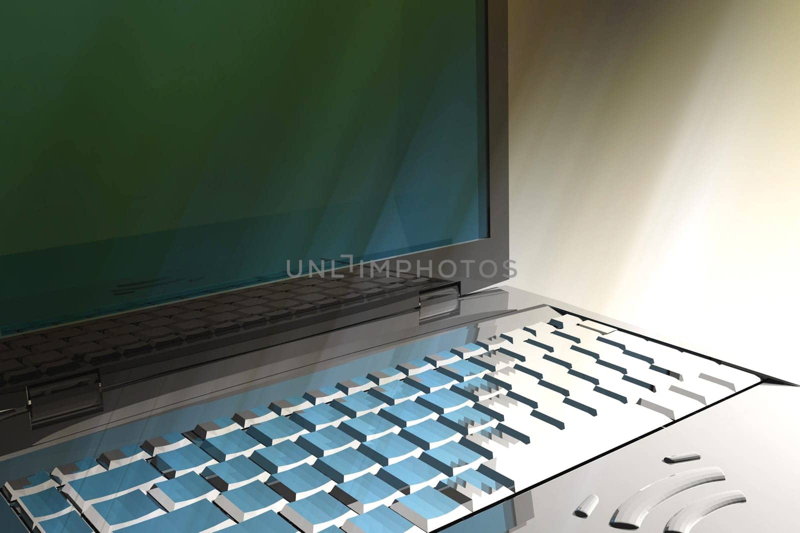 3d render illustration of laptop screen and keyboard detail