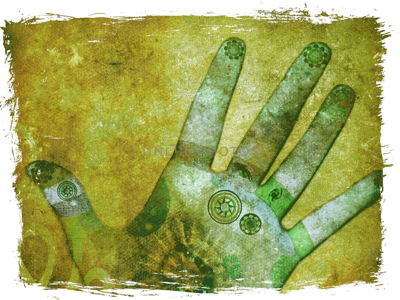 Illustration of a hand with reflexology points