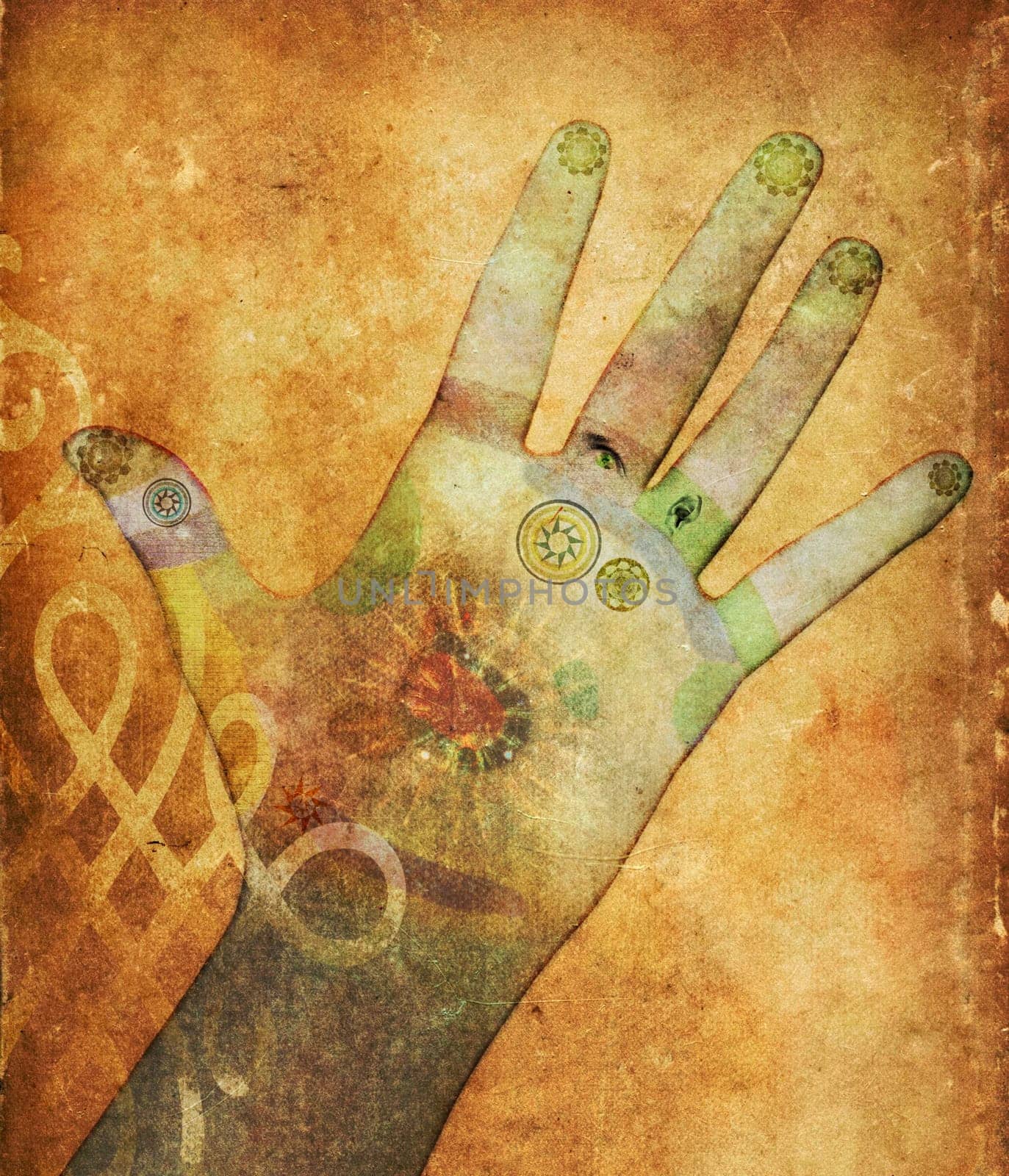 Illustration of a hand with reflexology points