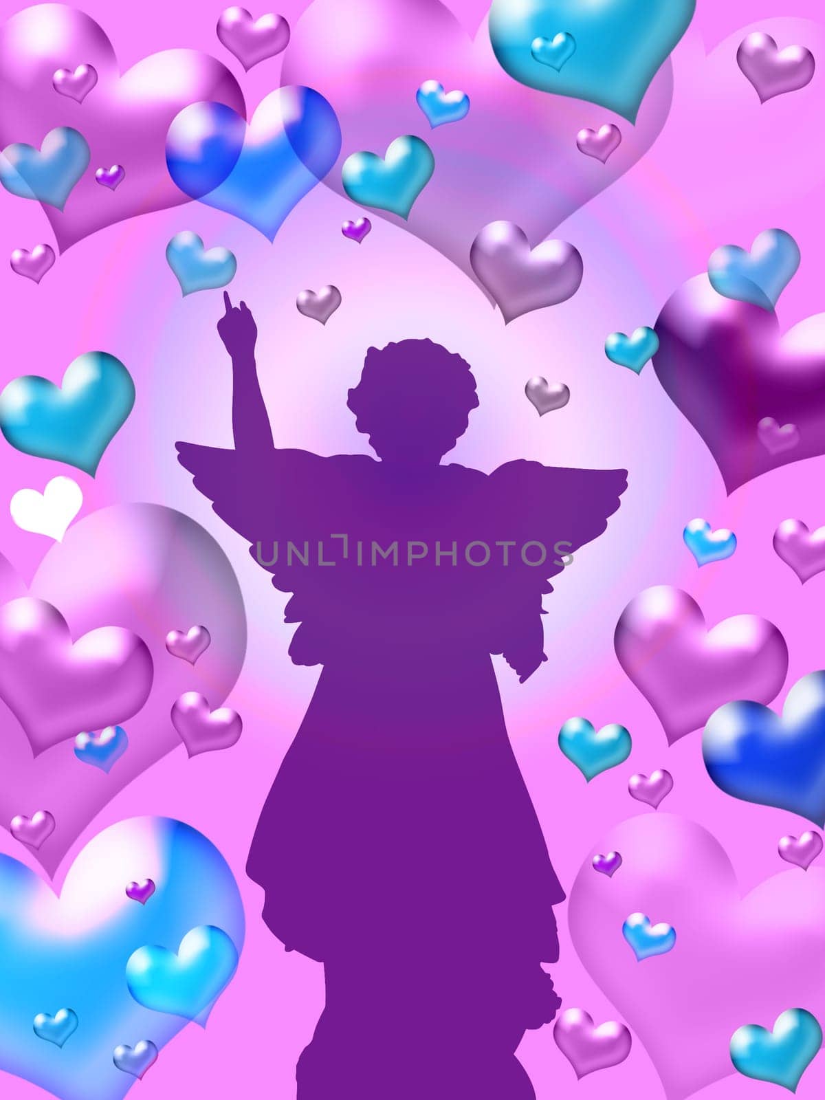Illustration of purple hearts background with winged angel silhouette - valentine card