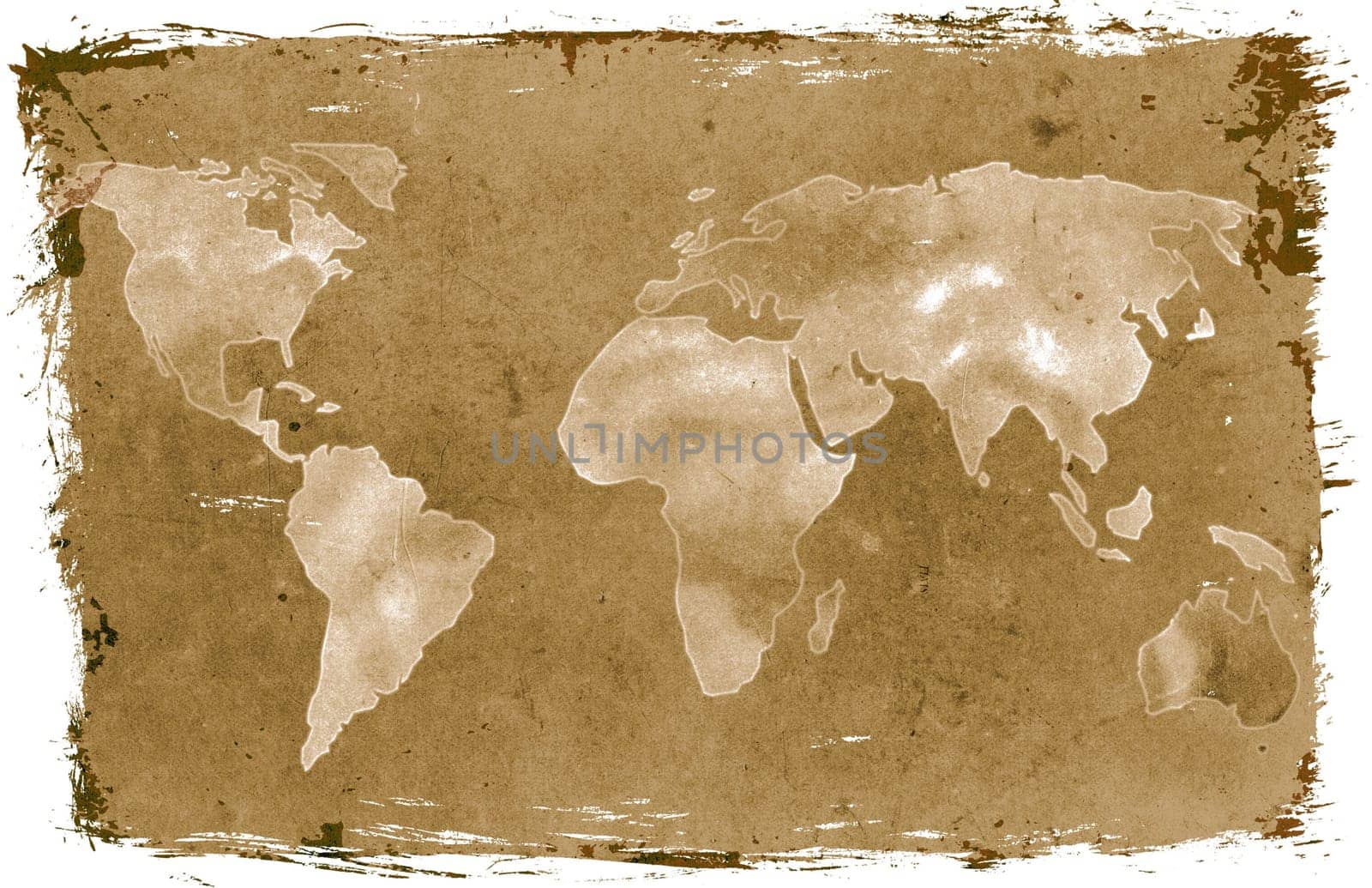 Illustration of vintage world map over grunge sepia paper background