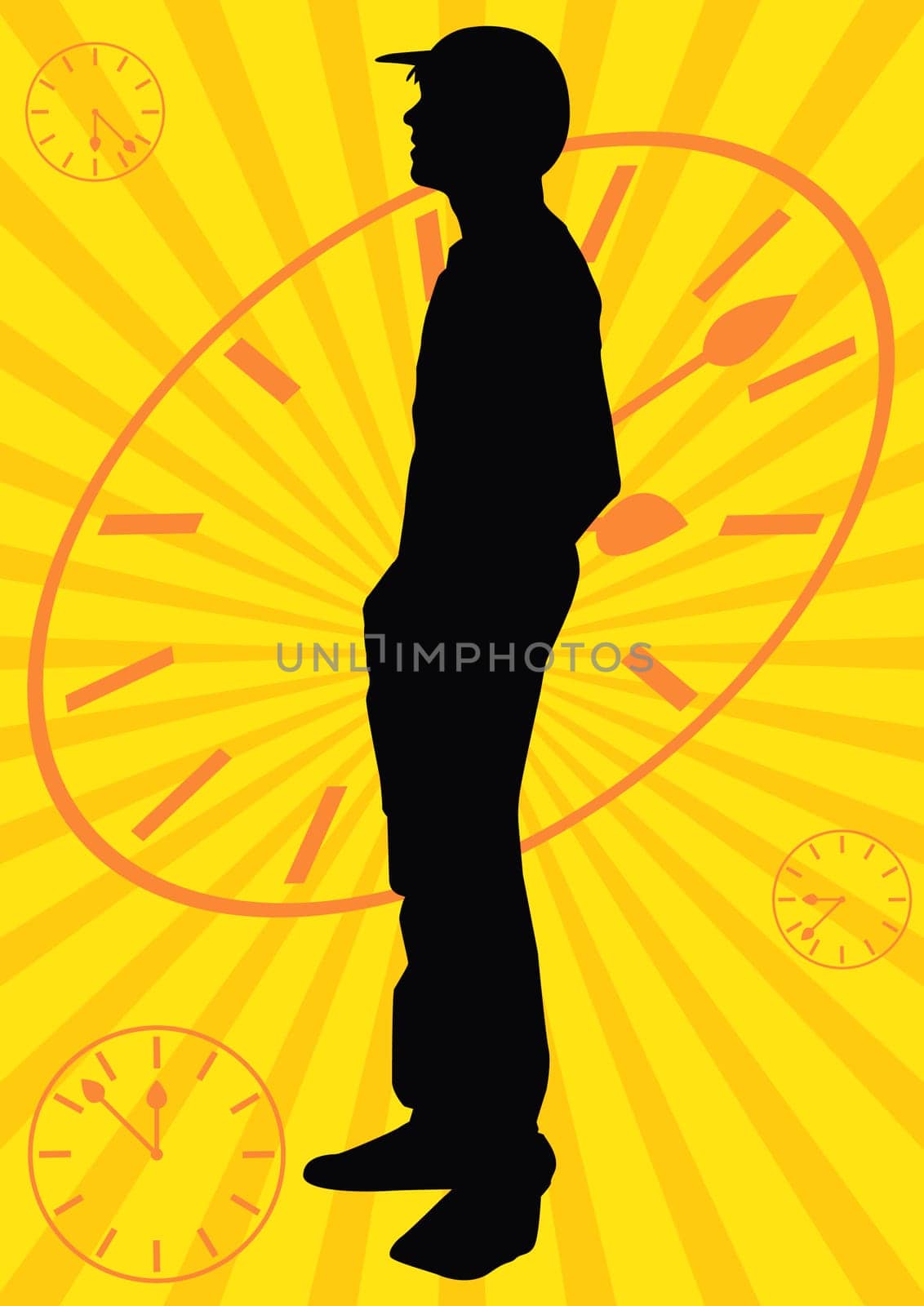 Silhouette of a boy waiting over a rayed background with clocks representing time passing by