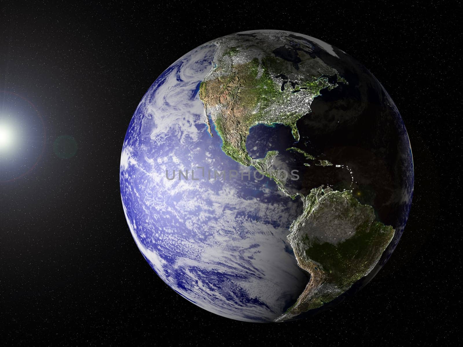 Globe of planet Earth, view on North- and South America. Computer generated image with elevation, shadows/highlights and city lights on (see especially the west of the U.S.A.!!, very unique image.)