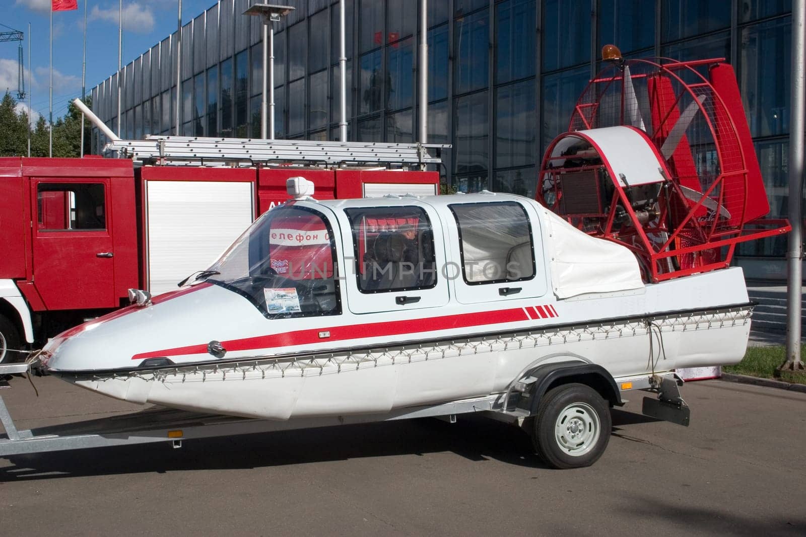 red-white aerosleighs on Exhibition of technique of rescue in Moscow, Russia