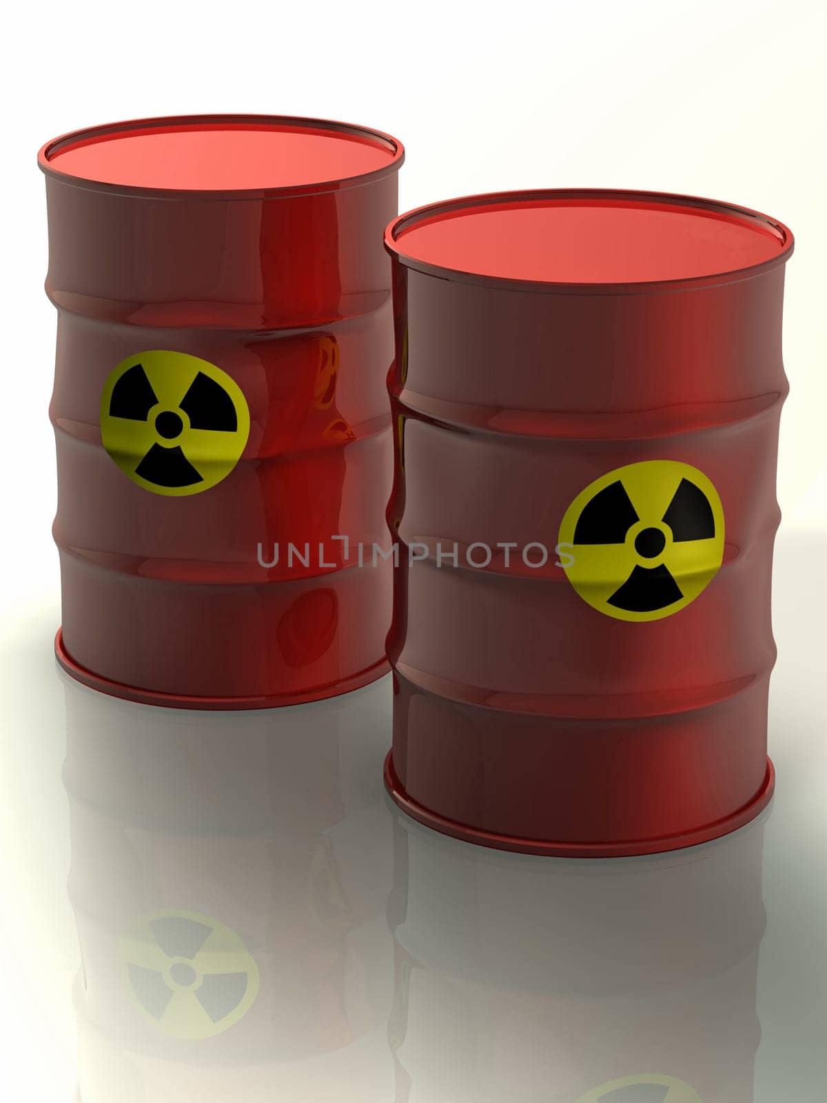 3d concept illustation of two radioactive barrels with nice reflection