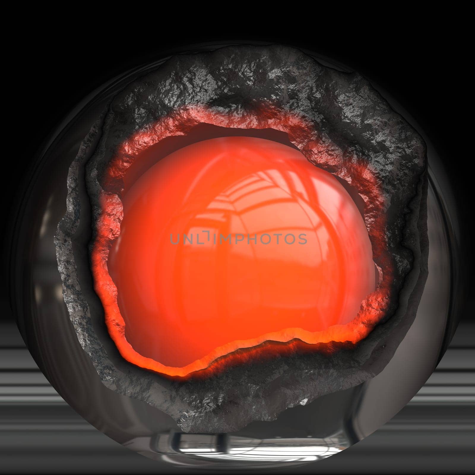 Computer generated illustration of black ball with red hot center