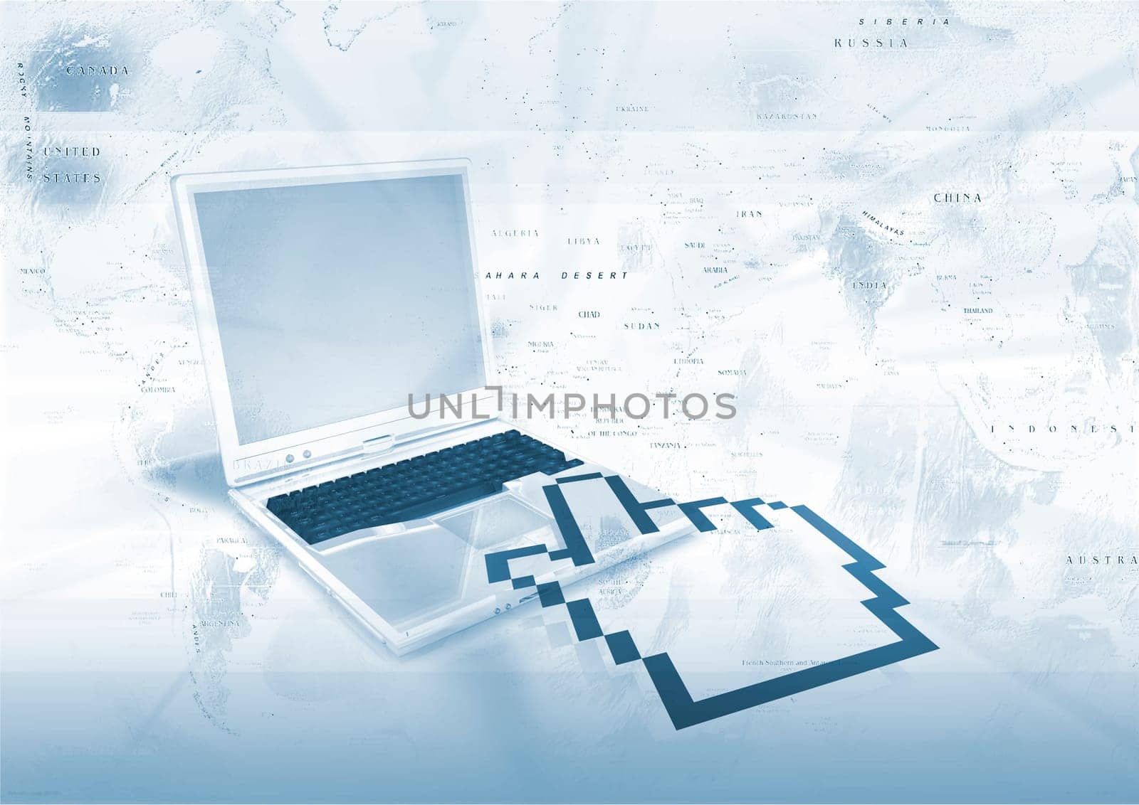 laptop and hand on blue background