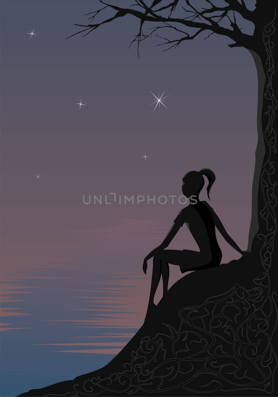 The silhouette of the girl sitting on the shore against an evening-glow view