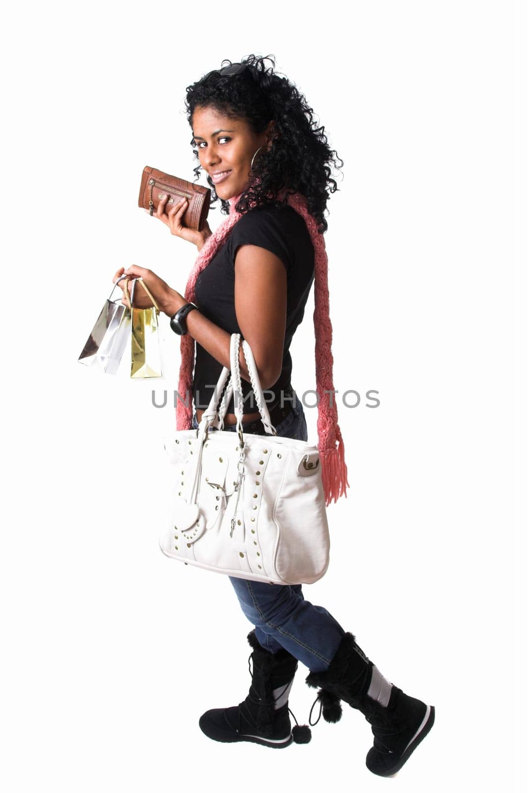 Happy brazilian girl out for her christmas shopping