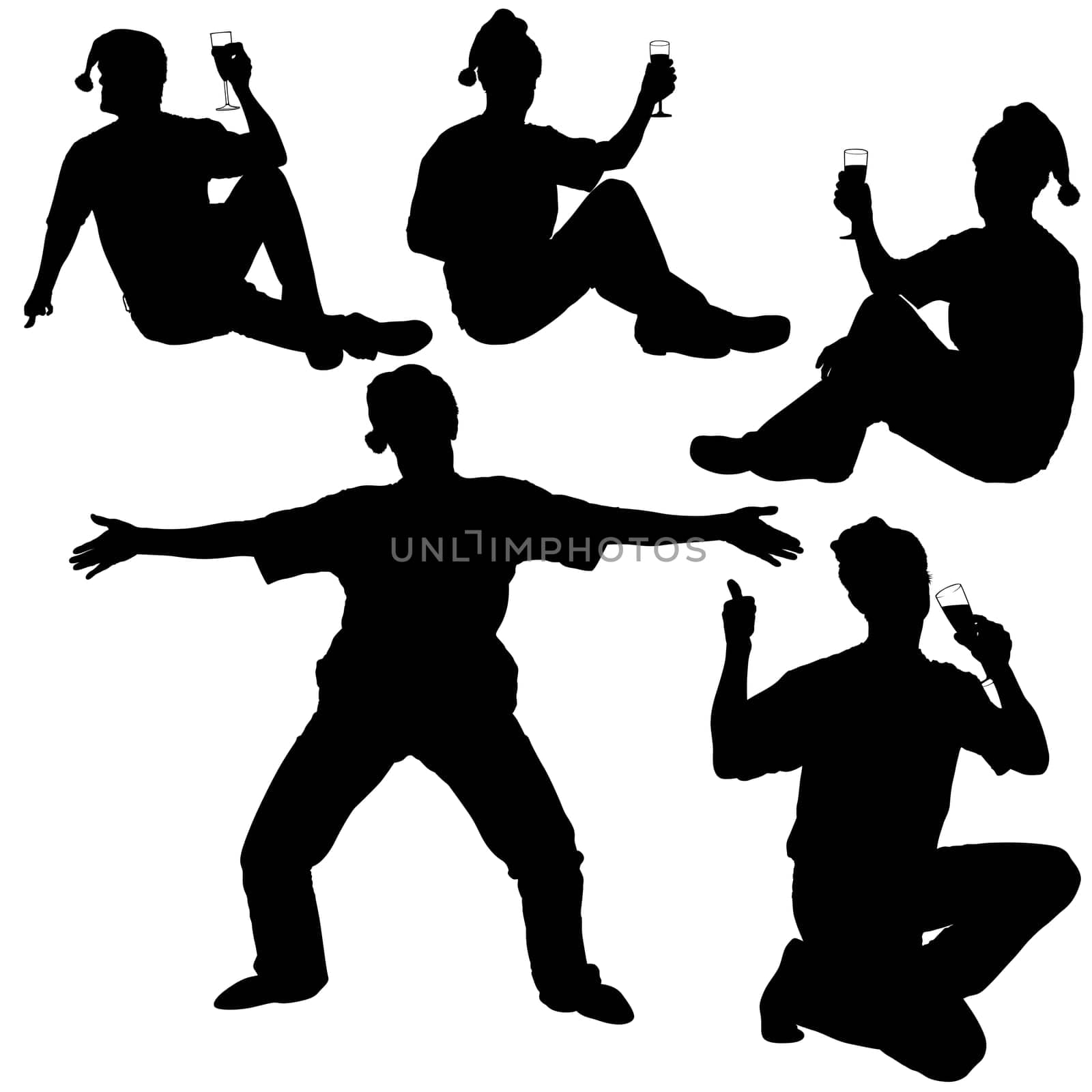 Silhouettes - Santa Drinking A - New Year's Celebrations - Champagne Toast    Detailed black and white vector illustration.