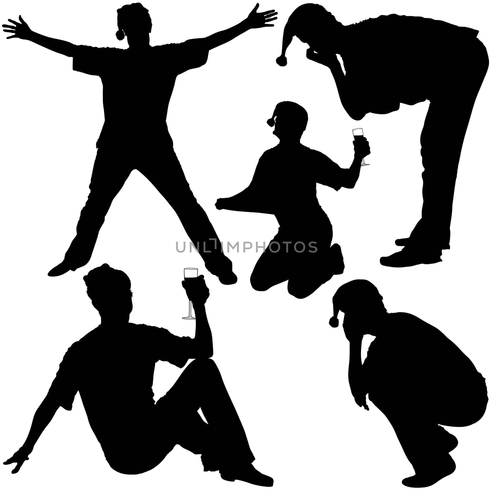 Silhouettes - Santa Drinking B - New Year's Celebrations - Champagne Toast    Detailed black and white vector illustration.