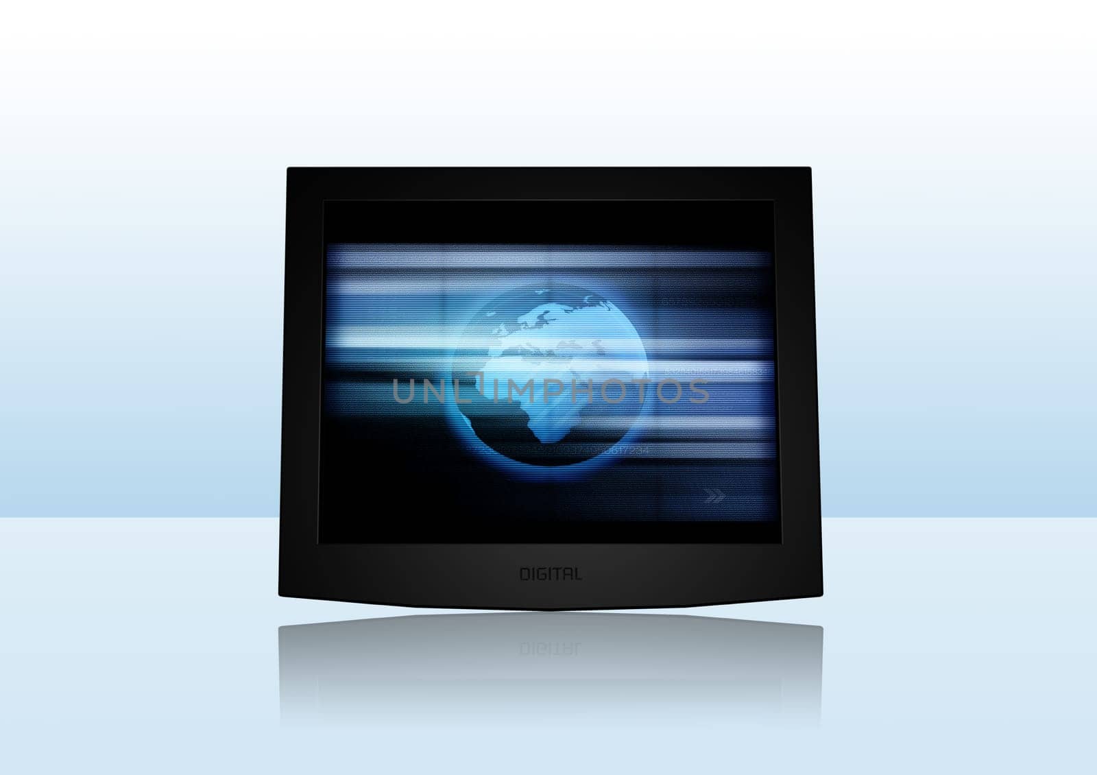 3D-Rendering of a flat screen on reflective ground.