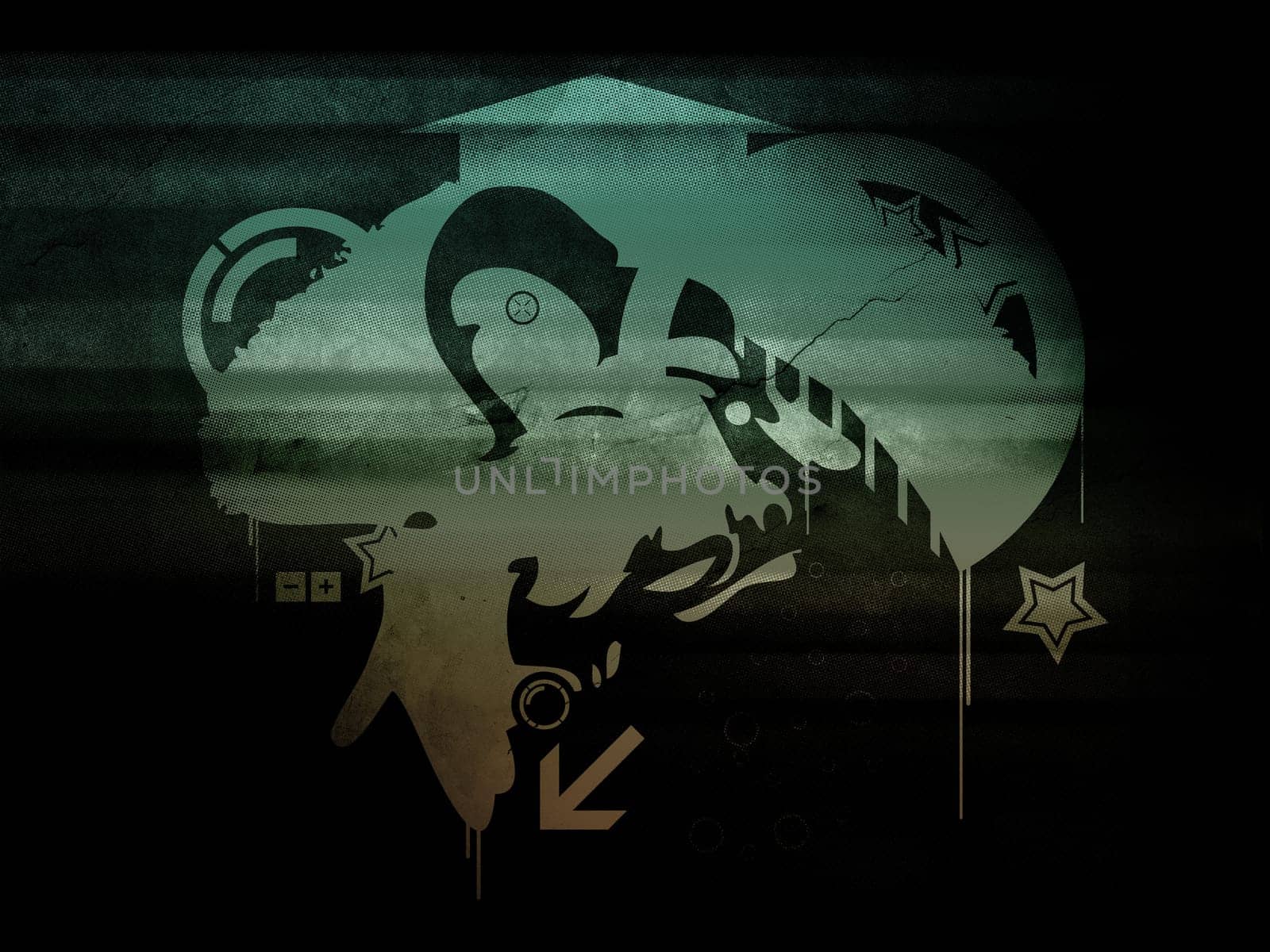Graffiti styled image of a b-boy on abstract grungy wall.