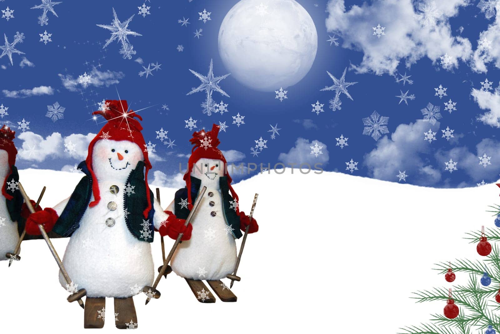Snowmen skiing down a slope under a full moon.