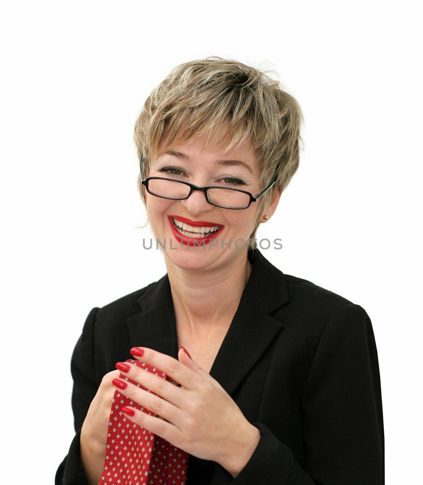 Smiling businesswoman with eyeglasses holding a tie