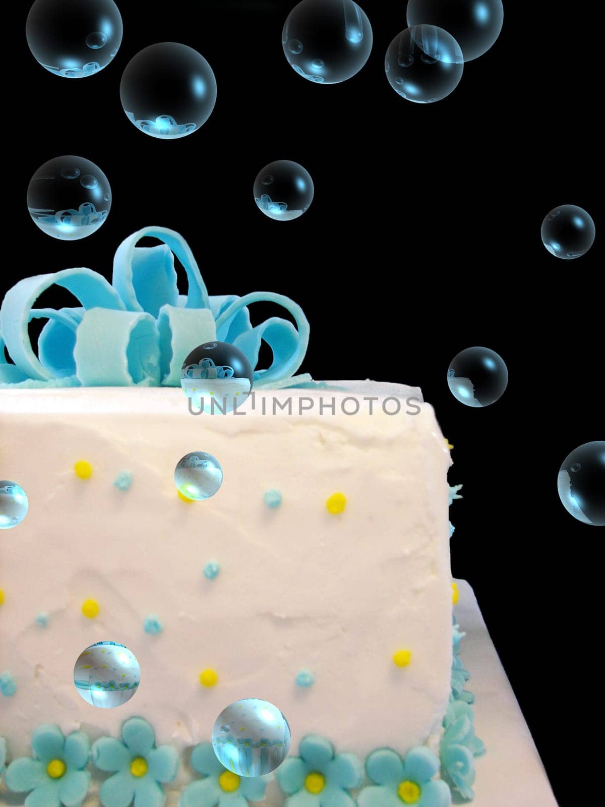 Happy bubbles floating around birthday cake designed as present.