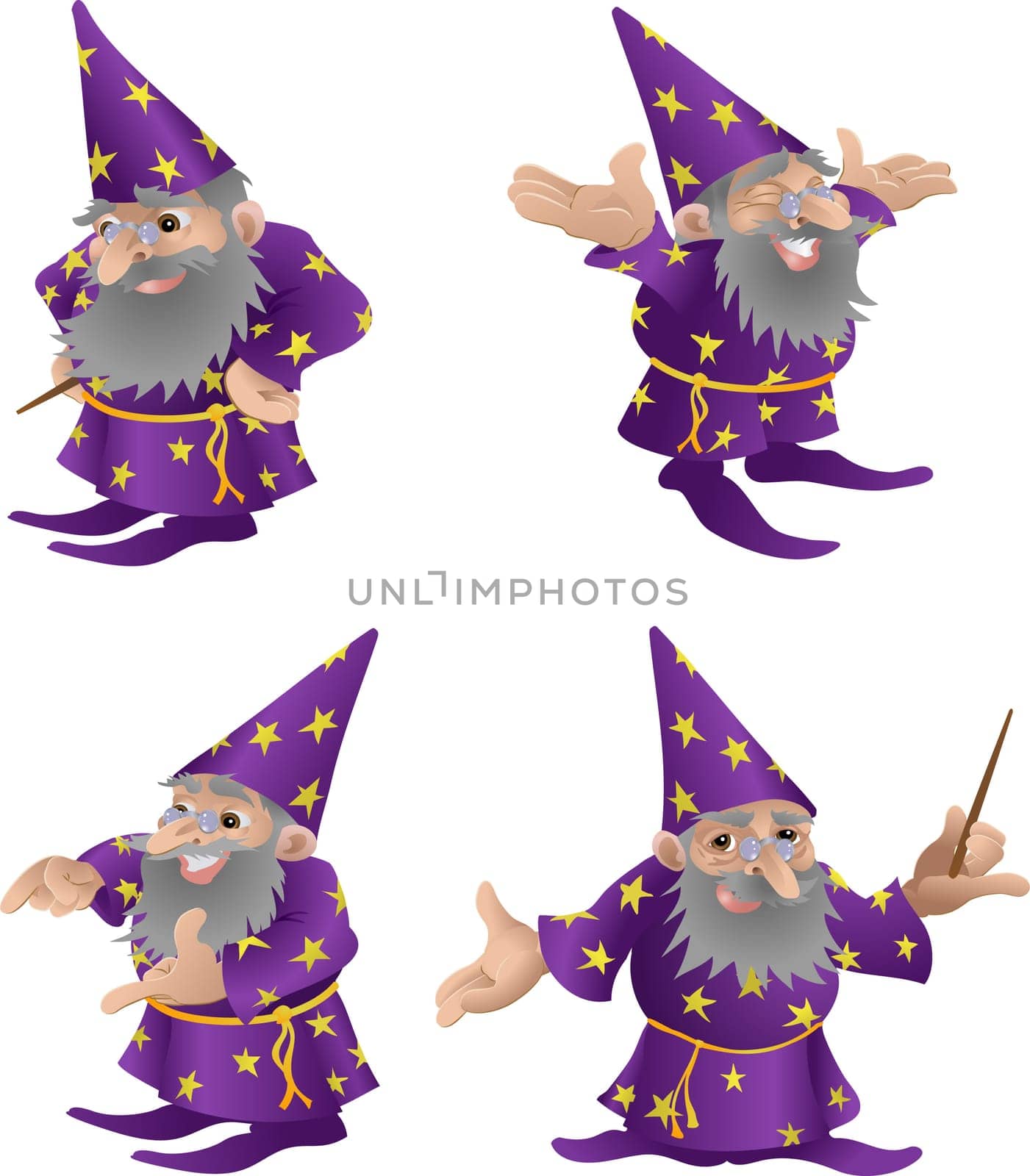 An illustration of a very funky friendly wizard in four different poses