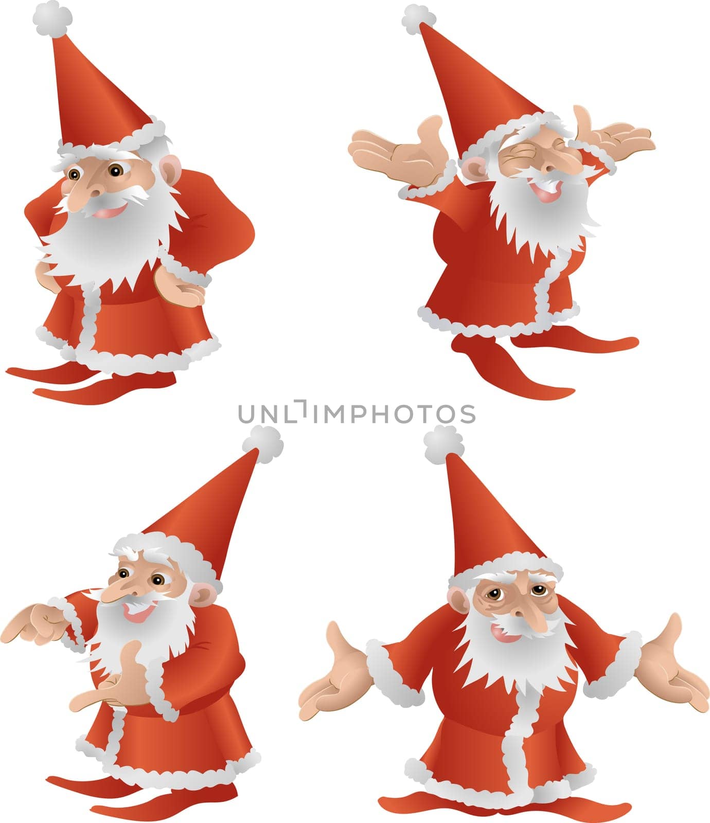 An illustration of a very cool cute Father Christmas in four different poses