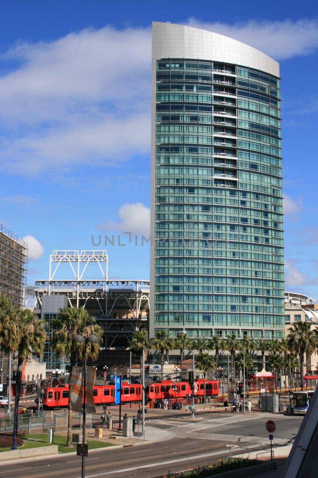 A view of San Diego's Gaslamp section including Petco Park, Harbor Drive and the trolley.