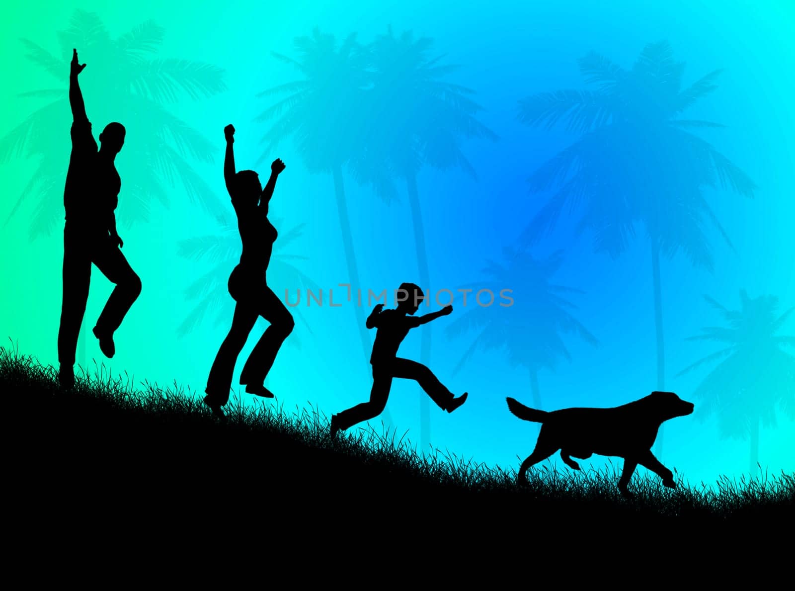 Happy family silhouette running for happiness