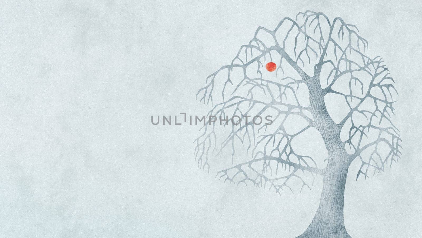 old leafless apple tree holding on to one apple, horixontal format, copyspace, aged, alone, autumn, winter, cold, naked, stylyzed, illustration, simple, basic, blue, branches, change, clouds, cold, fall, nature, old, organic, seasonal, seasons, single, sky, solitude, time, twig, weather, wood, year, loss, cherish