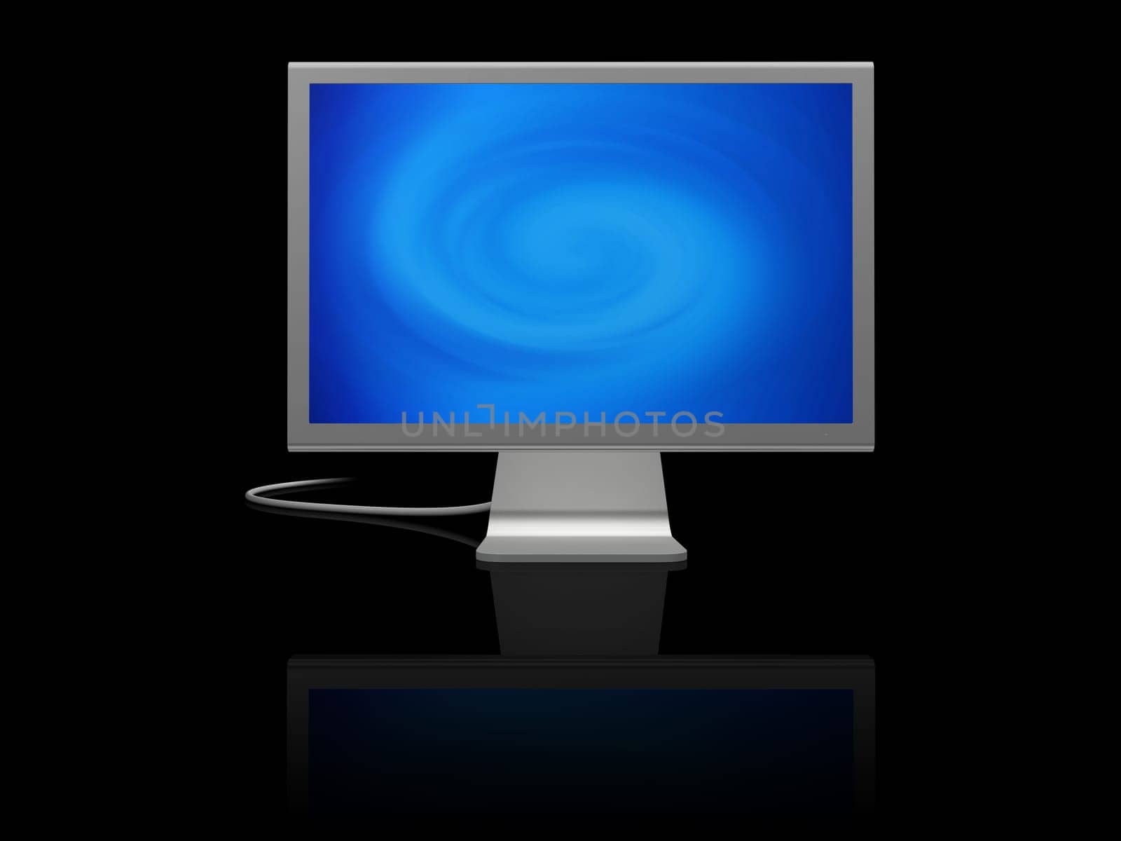 futuristic silver monitor on black with reflection displaying blue abstract twirl of light