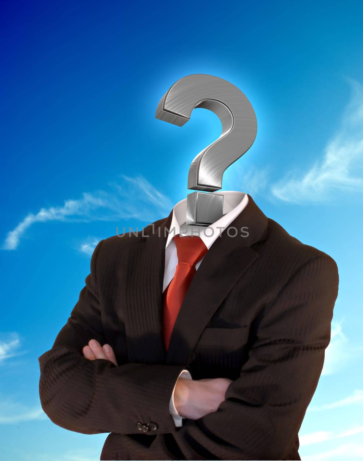 business man with silver question mark instead of head on a perfect blue sky