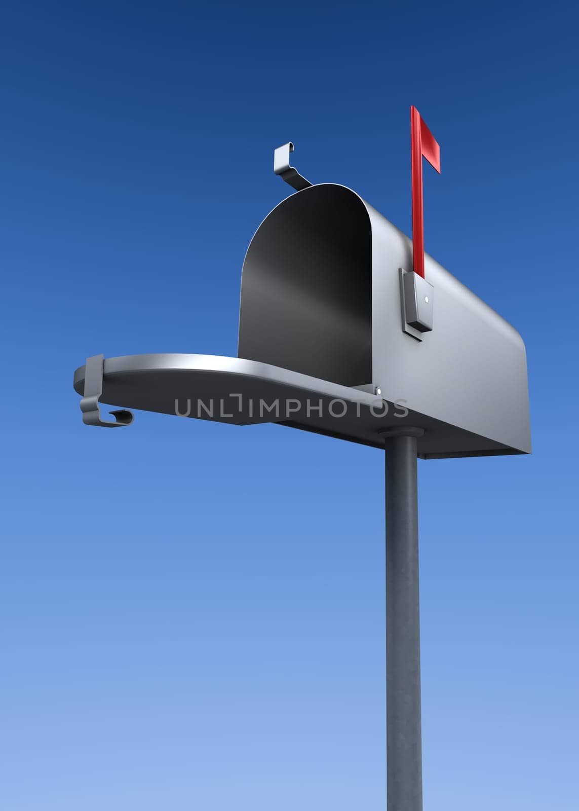 an open metal mailbox with raised flag
