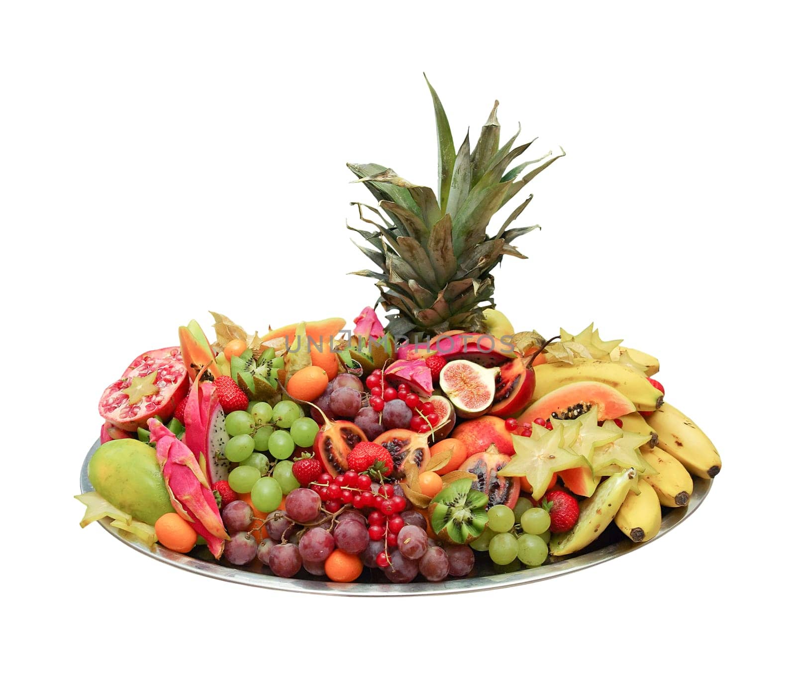 huge exotic fruit platter from buffet isolated on white